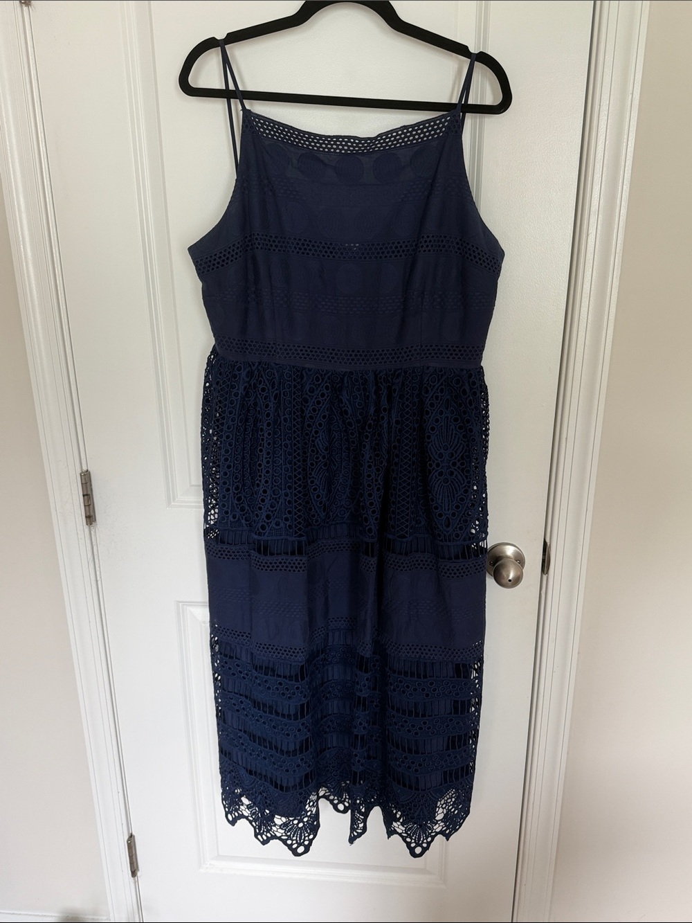 ASOS Women's Navy Lace Crochet Midi Dress with Spaghetti Straps Wedding Guest